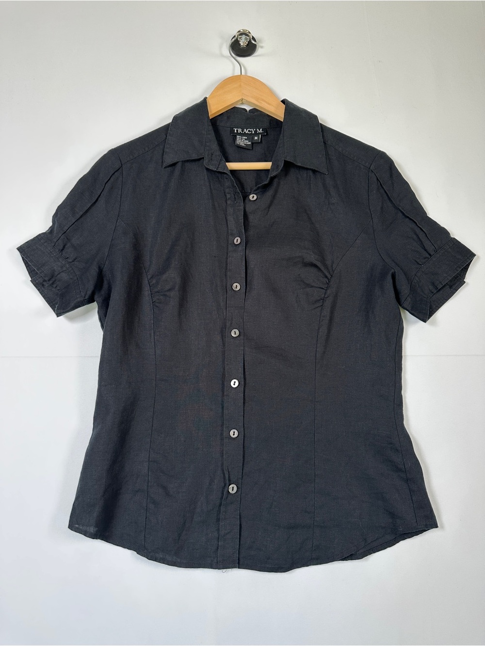 Tracy M 100% Linen Button Front Shirt Black Short Sleeve Size M